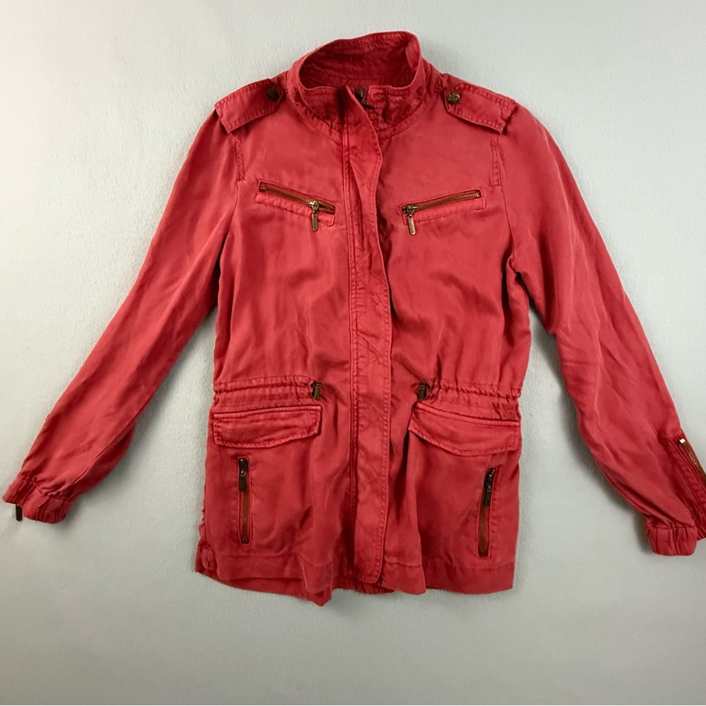 Max‎ Jeans Coat Women's Small Moto Utility Zip Front Long Sleeve Jacket Red